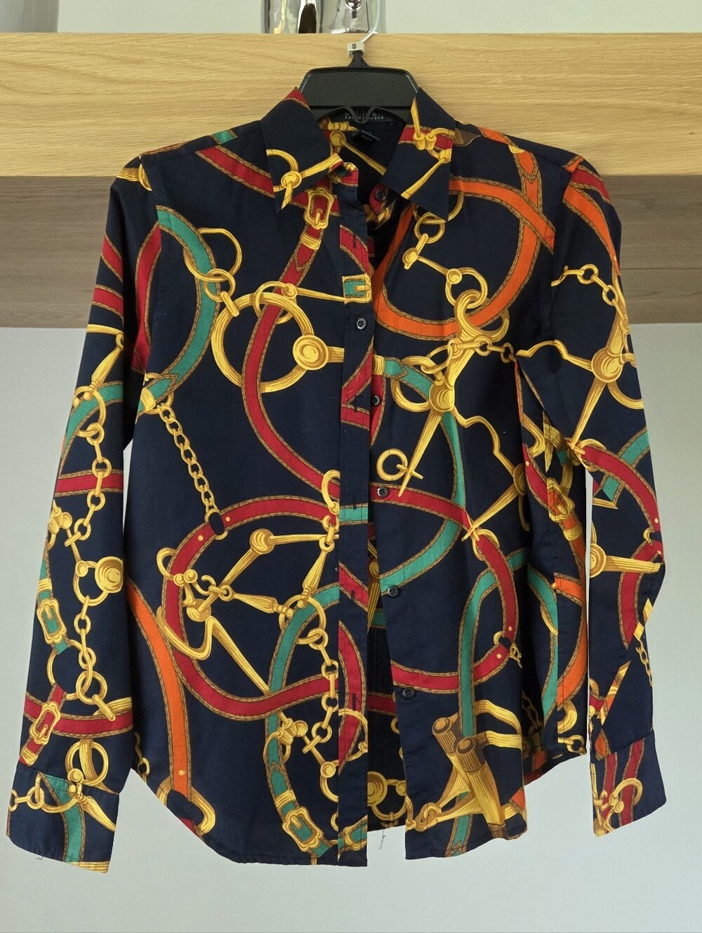 (NWT) Ralph Lauren Navy Blue Gold Chain Print Blouse Top